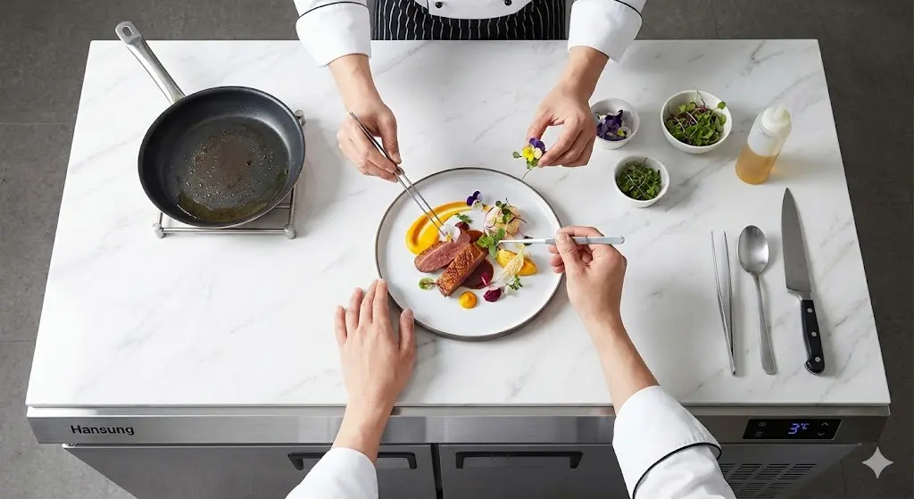 1200테이블냉장고 상판에서 요리 중인 셰프의 모습