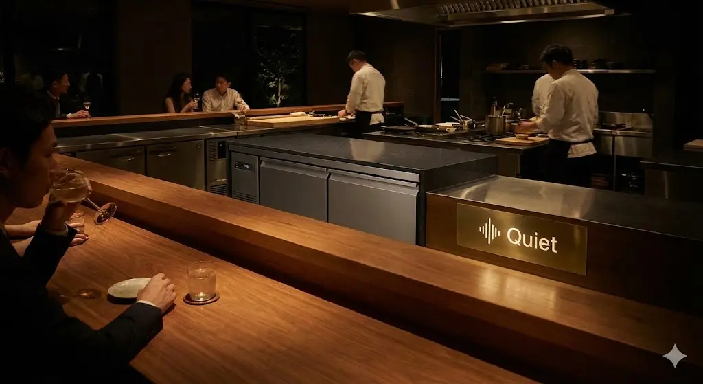 고급스러운 바 카운터에 매립된 저소음 1200테이블냉장고