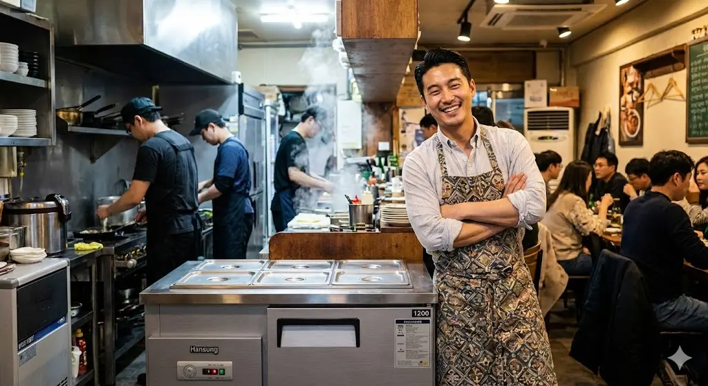 프리미엄 1200테이블냉장고를 설치하고 만족해하는 식당 대표의 모습