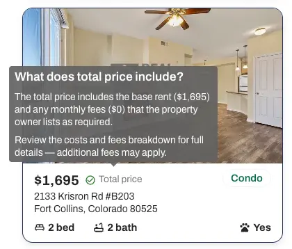 Advertised rent now prominently shows the total monthly cost a tenant will pay. 