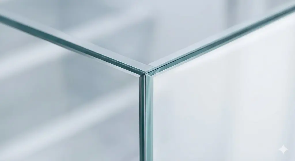 유리 접합 부위가 깔끔한 프레임리스 쇼케이스 냉장고 디테일 컷.