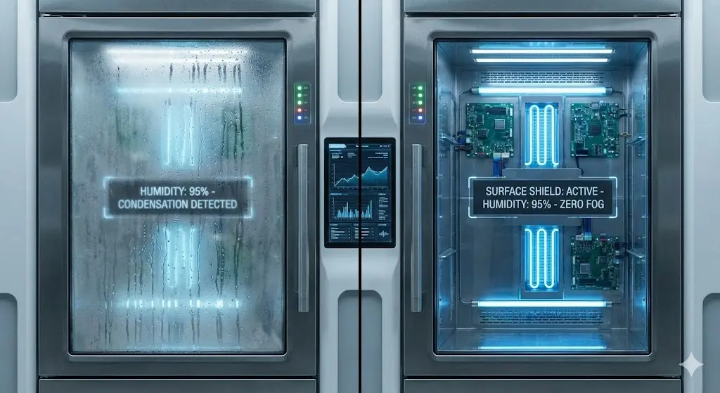 일반 냉장고와 한성쇼케이스의 결로 방지 성능 비교 시각화 이미지.