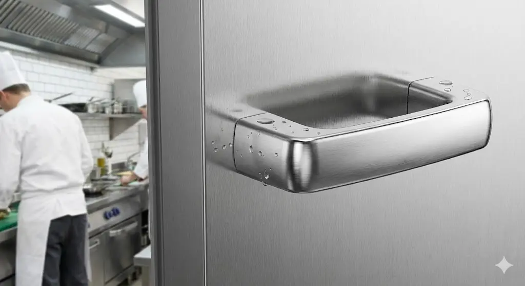 고급 스테인리스 스틸 소재의 냉장고 손잡이와 견고한 마감 처리.