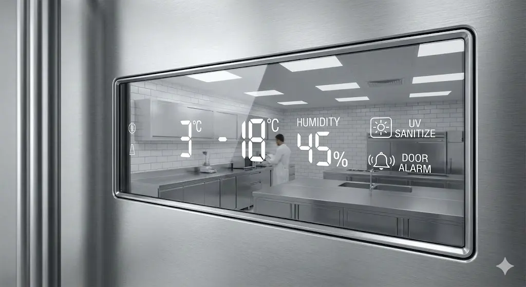 보존식냉장고의 정밀 온도 조절 패널 디테일 이미지.