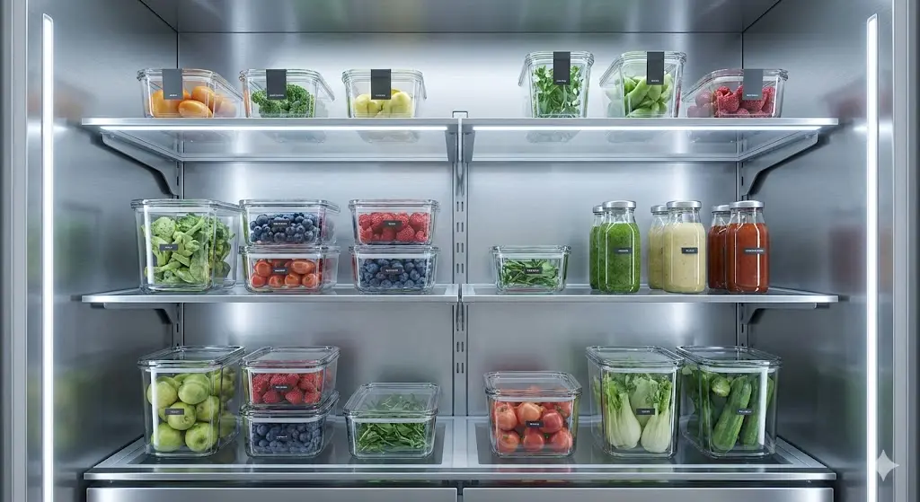 깨끗하게 정리된 보존식 보관 용기와 냉장고 내부 조명 연출.