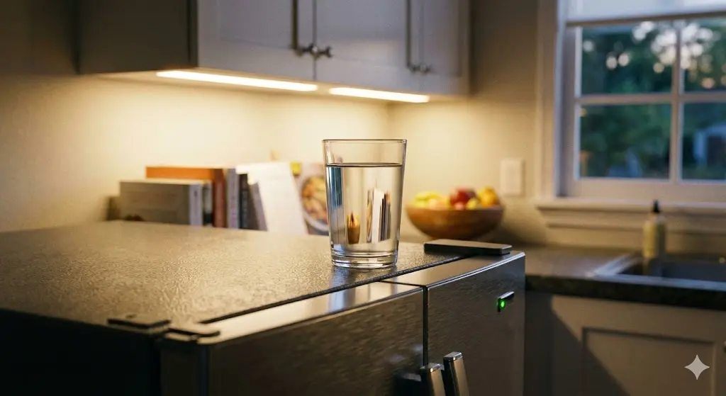 진동이 거의 없는 냉장고 위 평온한 물잔을 통한 저진동 기술 시각화.