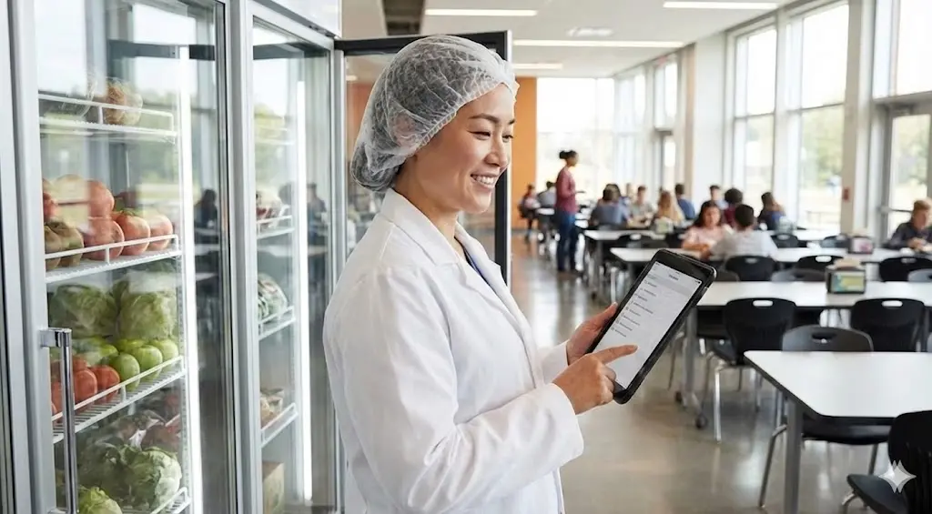 스마트 기기로 냉장고 상태를 확인하는 신뢰감 있는 운영자의 모습.