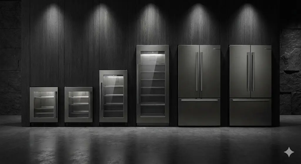 쇼룸에 전시된 세련된 디자인의 다양한 보존식냉장고 모델들.