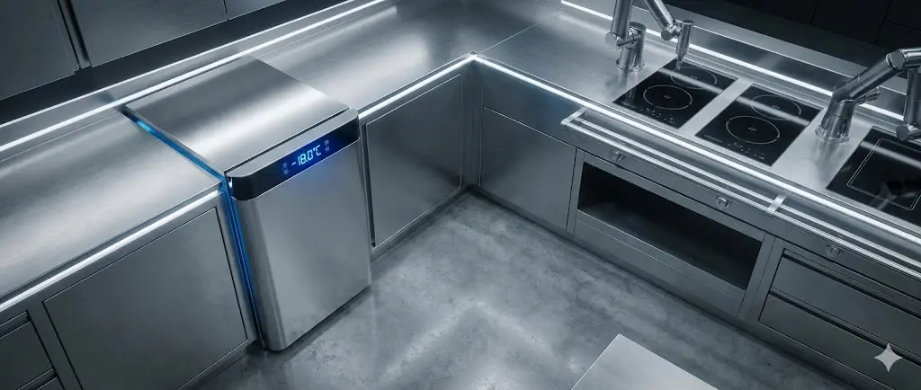 전문적인 주방에 설치된 프리미엄 스테인리스 보존식냉장고