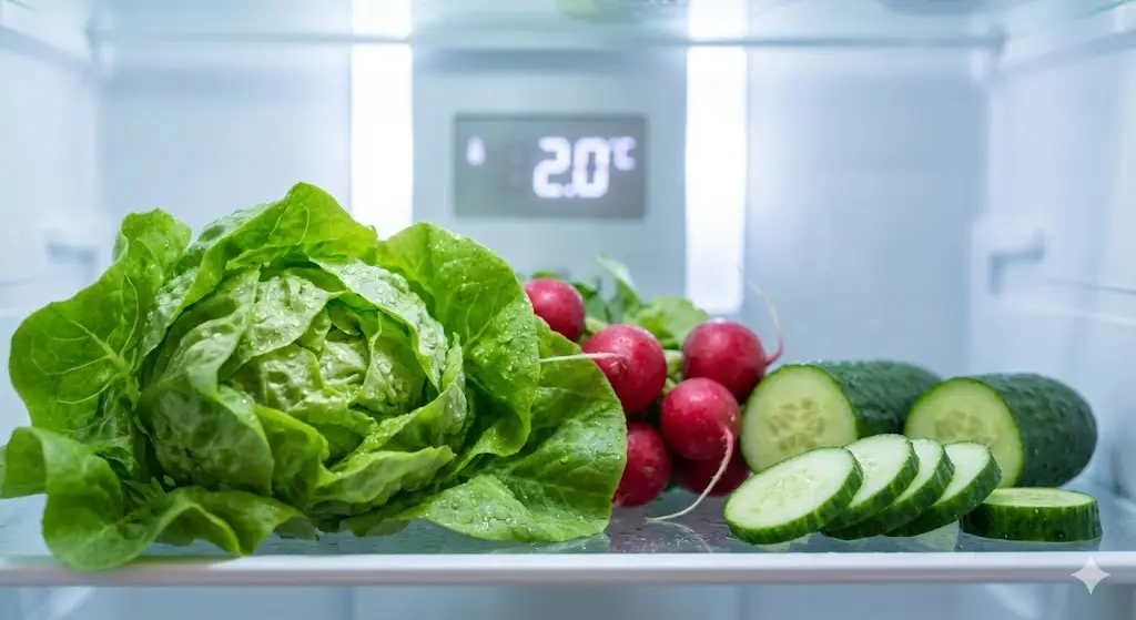 신선한 채소와 정밀 온도가 표시된 샐러드바냉장고 내부.