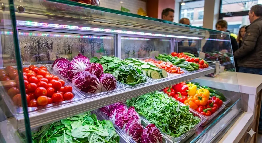 채소의 색감을 살려주는 샐러드바 전용 LED 조명 효과.