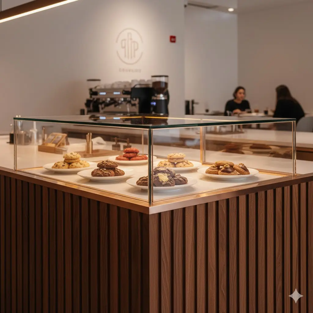 카페 인테리어와 일체화된 맞춤 제작 로즈골드 쇼케이스.