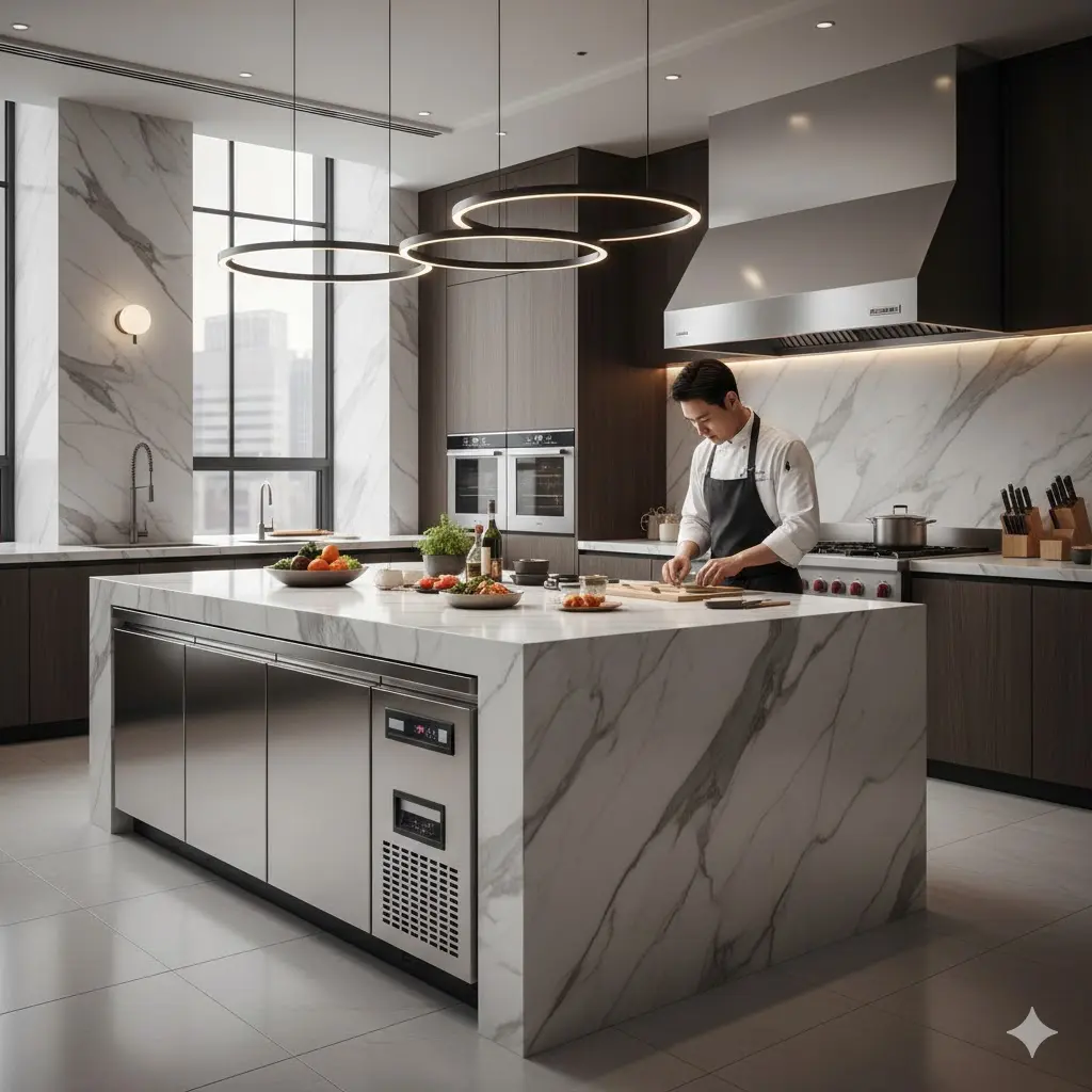 세련된 현대식 주방에 설치된 프리미엄 스테인리스 테이블냉동고 썸네일 이미지.