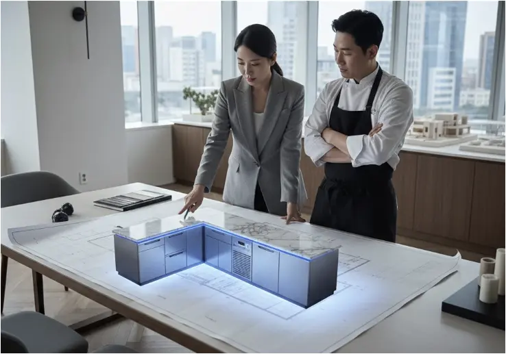 주방 도면과 함께 배치된 맞춤 제작 테이블냉동고 설치 콘셉트.