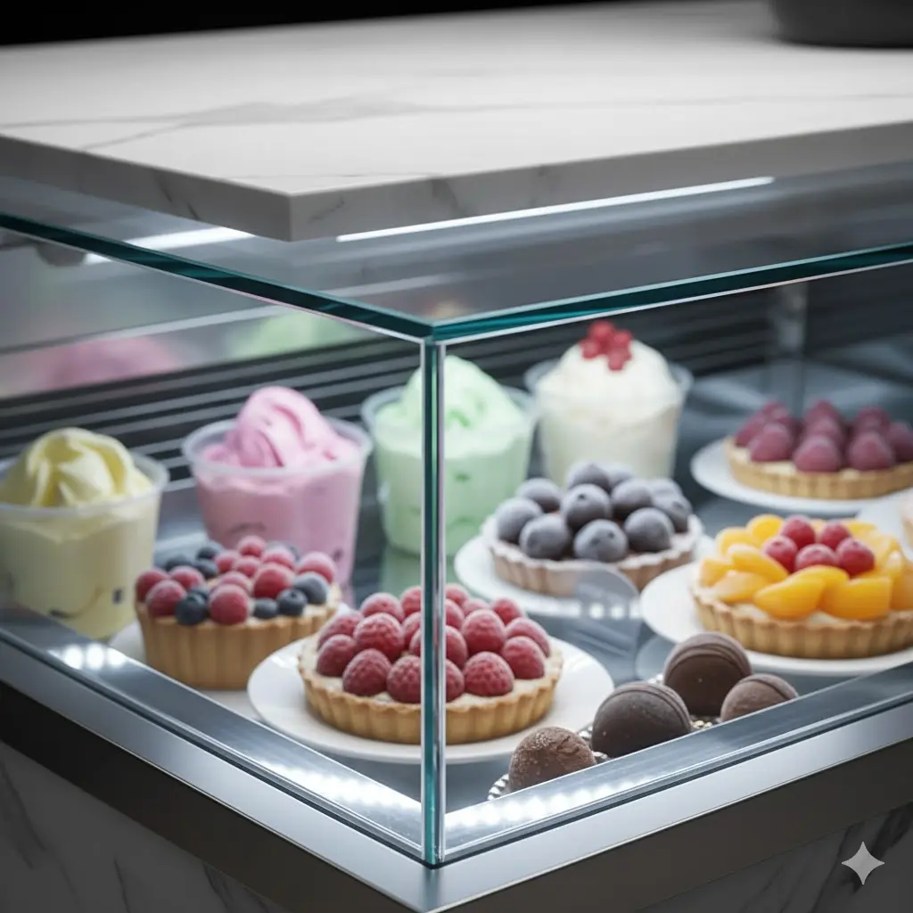 유리 접합부 프레임이 없는 깔끔한 테이블 쇼케이스 냉동고 디테일.