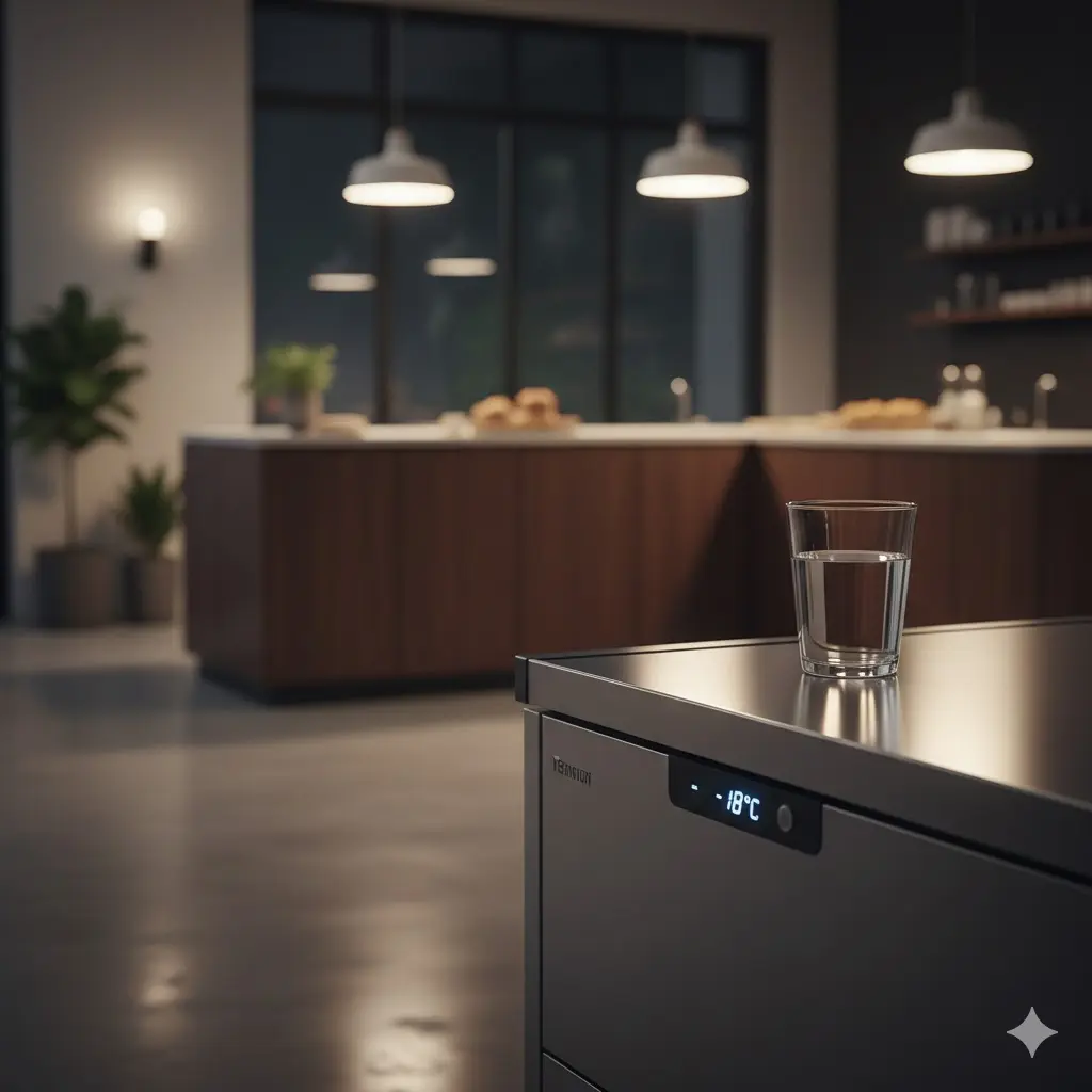 진동이 거의 없는 테이블냉동고 위 평온한 물잔 시각화 이미지.