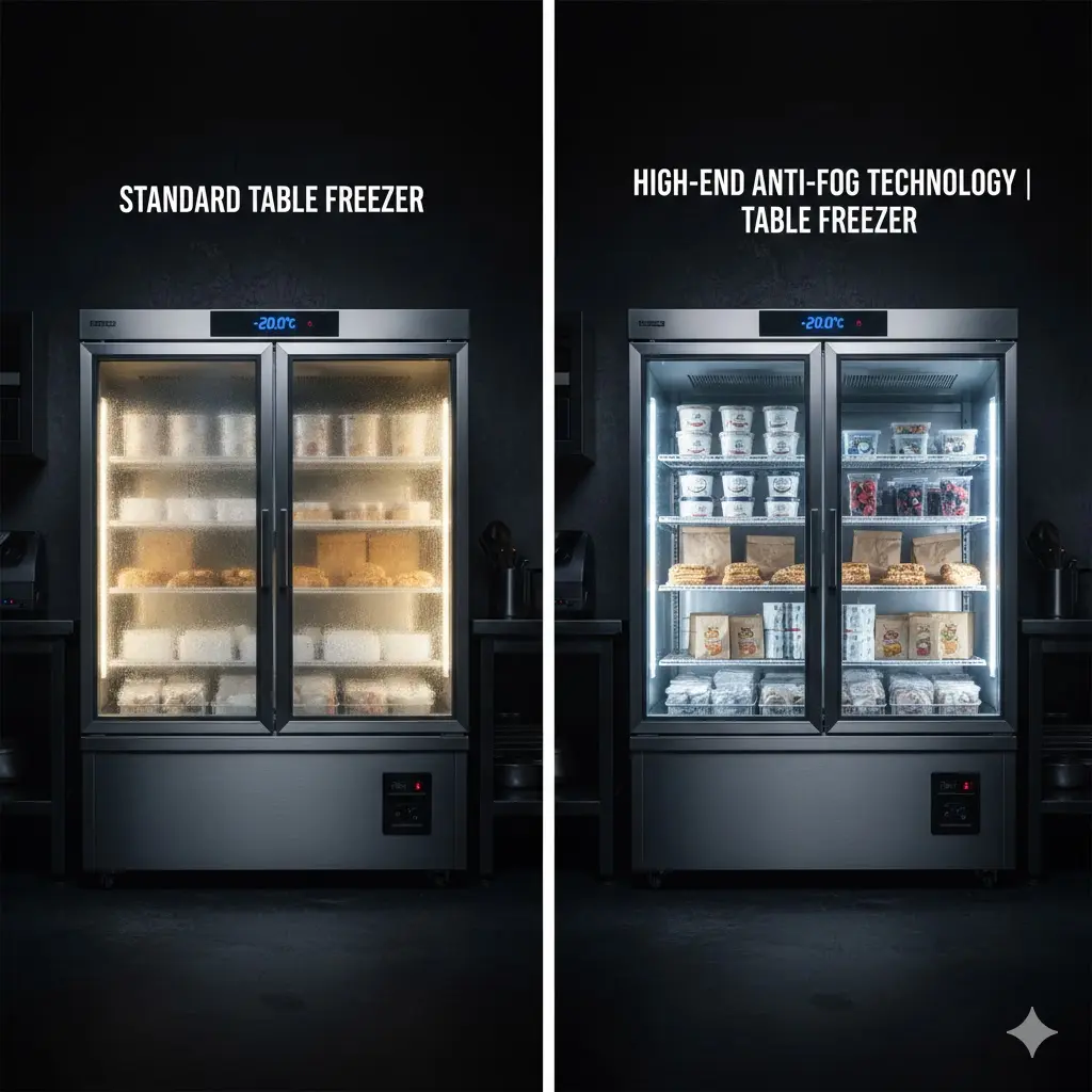 일반 냉동고와 결로 방지 기술이 적용된 하이엔드 냉동고의 투명도 비교.