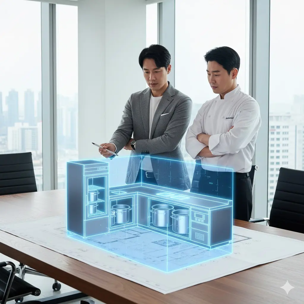 주방 도면과 함께 배치된 맞춤 제작 육수냉장고 설치 콘셉트.