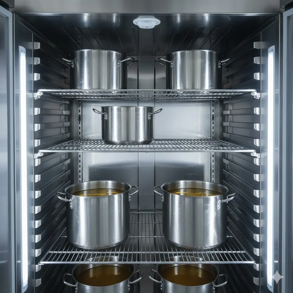 위생적으로 관리되는 육수냉장고 내부와 깔끔하게 정리된 육수통.