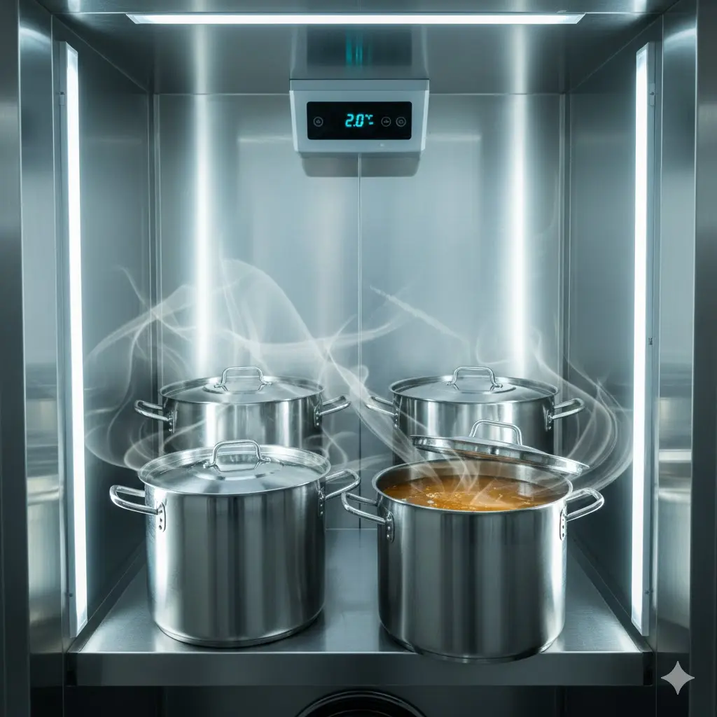 냉기가 균일하게 순환하는 육수냉장고 내부와 보관된 육수통.