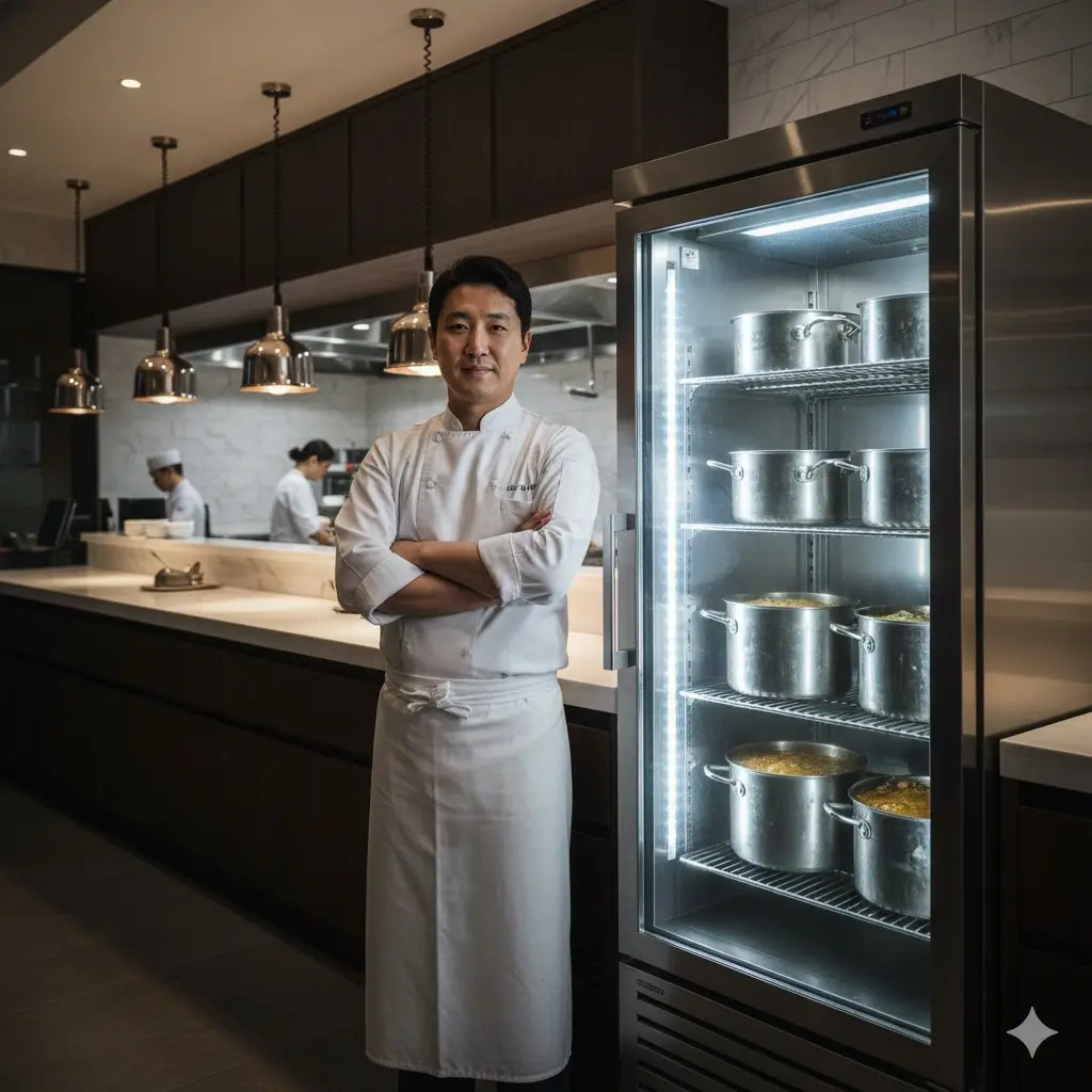 세련된 한식당 주방에 설치된 프리미엄 육수냉장고와 한국인 셰프.