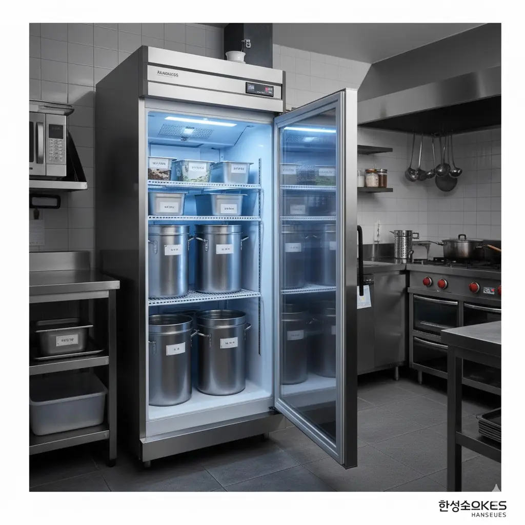 진동이 거의 없는 육수냉장고 위 평온한 찻잔 시각화 이미지.