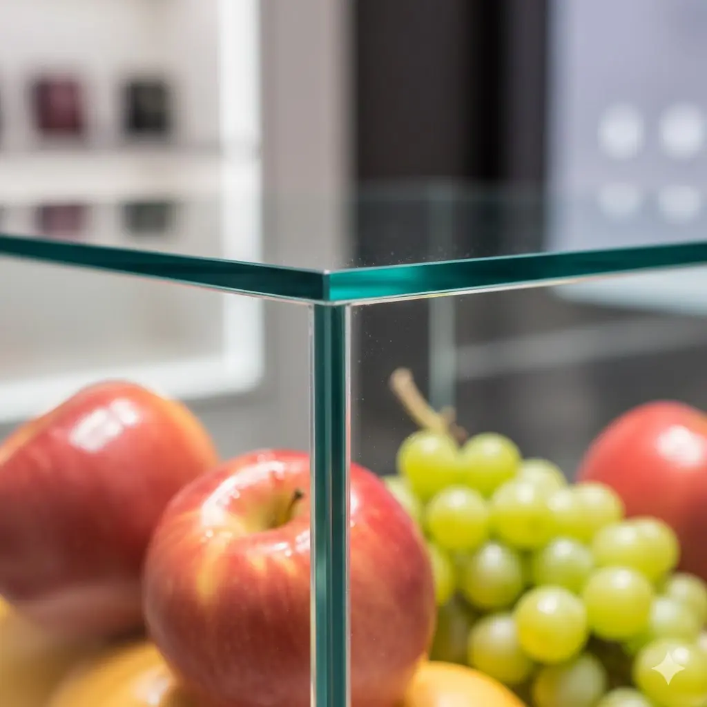 유리 접합부 프레임이 없는 깔끔한 과일쇼케이스 디테일 컷.