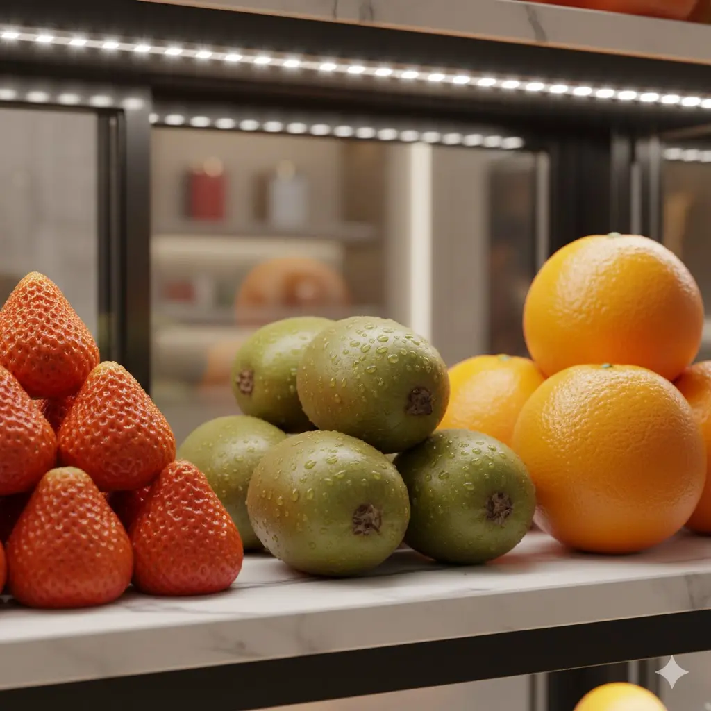 과일의 색채를 극대화하는 쇼케이스 전용 LED 조명 효과.