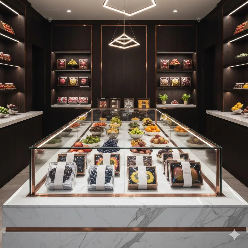 세련된 과일 부티크에 설치된 하이엔드 과일쇼케이스 썸네일 이미지.