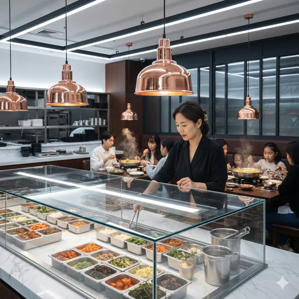 식당 반찬냉장고에서 반찬을 담는 손님