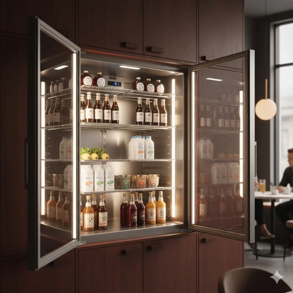 깔끔하게 정리된 우유와 콜드브루가 담긴 빌트인 냉장고 내부의 스테인리스 선반 모습.