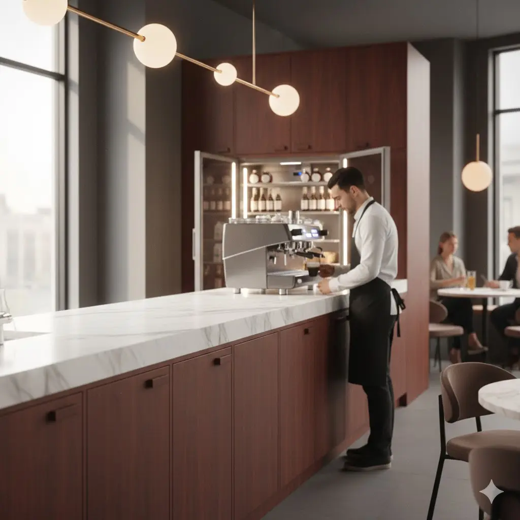 대리석 인테리어와 수평을 이루며 깔끔하게 매립된 카페 주방용 빌트인 냉장고.