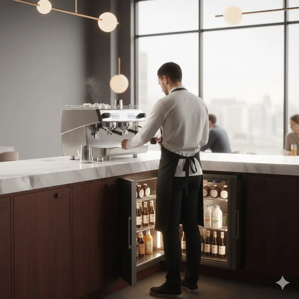 바리스타가 작업대 아래 설치된 빌트인 냉장고를 편리하게 사용하는 장면.