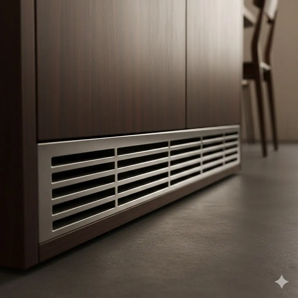 냉장고 하단에 위치한 세련된 격자 무늬의 전면 열 배출구 모습.