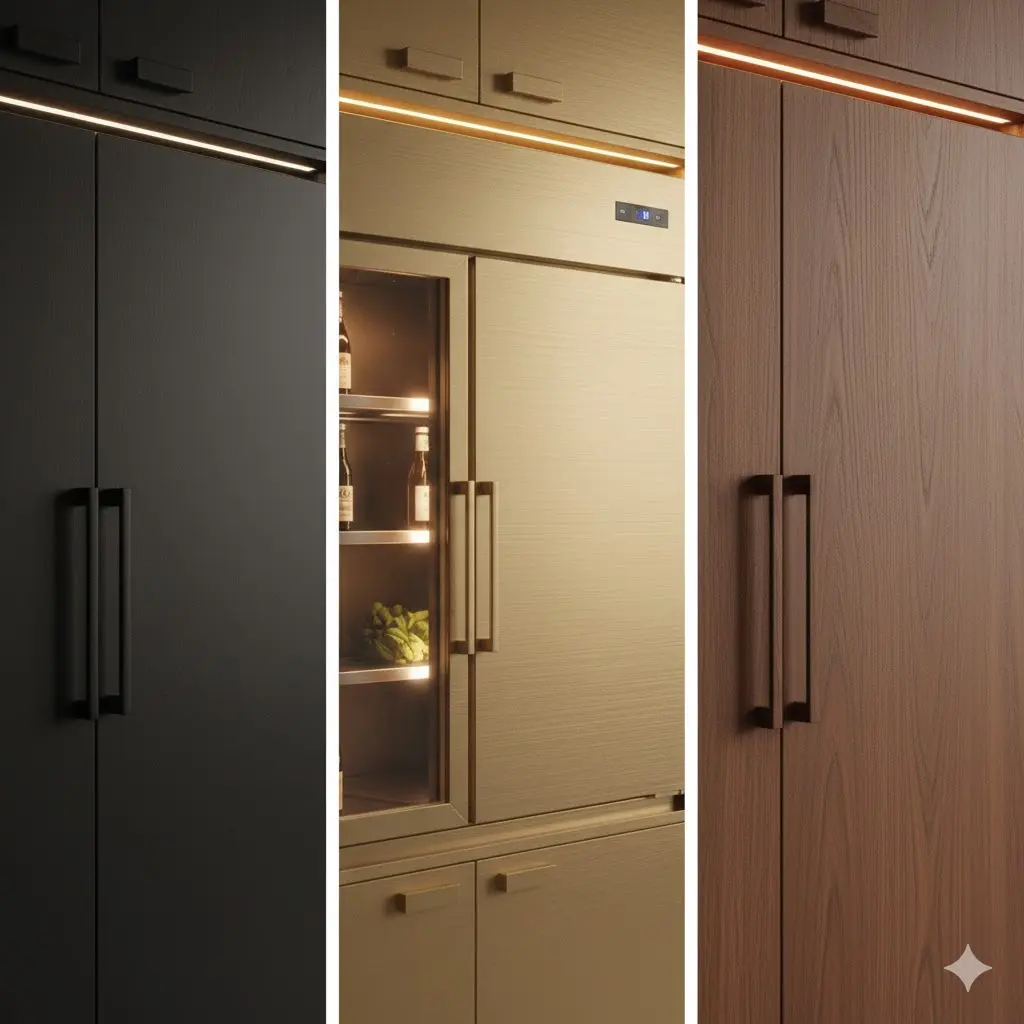 블랙 스틸, 골드, 우드 등 다양한 재질로 제작된 냉장고 도어 샘플 비교 사진.