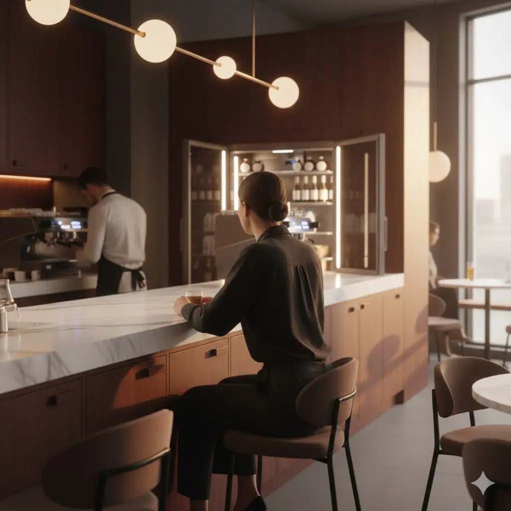 카페 바에 앉은 고객이 매장 인테리어와 잘 어울리는 빌트인 냉장고를 감상하는 따뜻한 분위기의 사진.