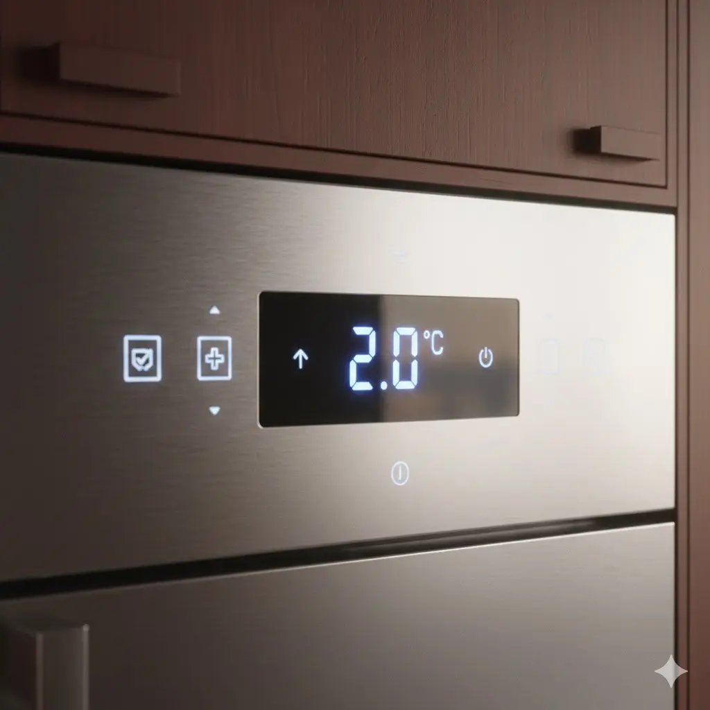 냉장고 도어에 부착된 디지털 온도 조절 장치와 터치 패널의 상세 모습.