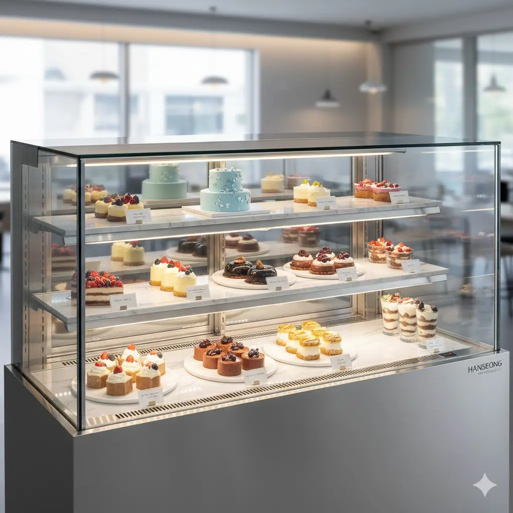모던한 디자인의 한성쇼케이스에 진열된 케이크와 디저트.