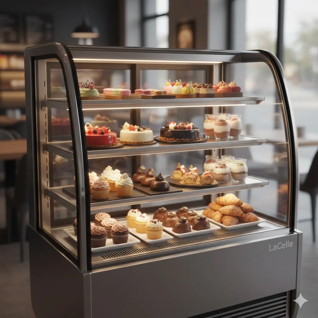곡선형 디자인의 라셀르 쇼케이스에 진열된 디저트.