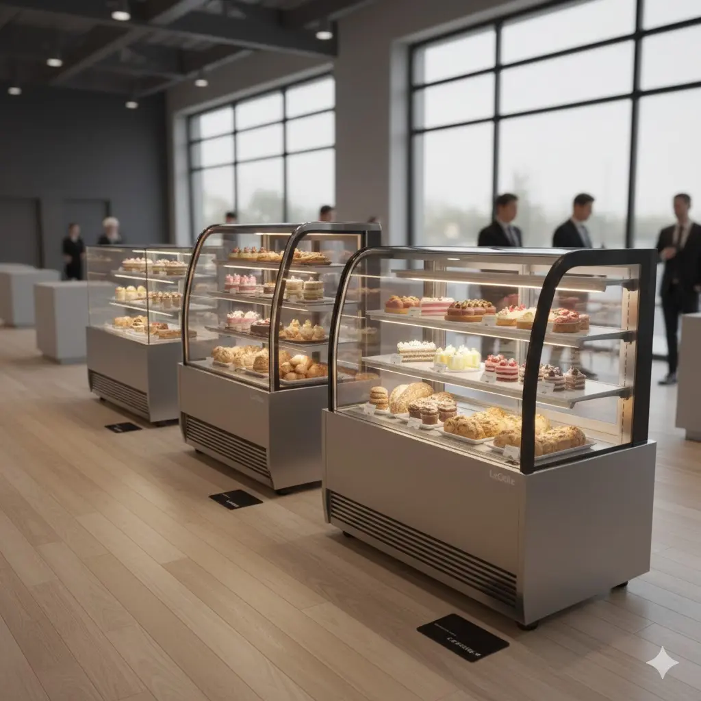 여러 브랜드의 베이커리 쇼케이스 비교 모습.