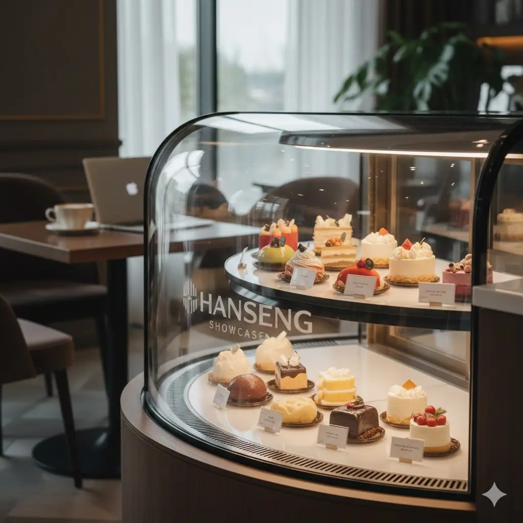 고급 카페 속 한성쇼케이스의 케이크와 디저트.