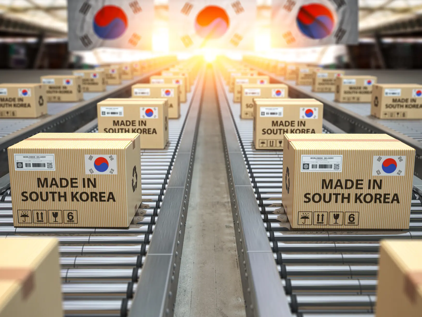 Illustration of Korean businesses exporting goods to international markets