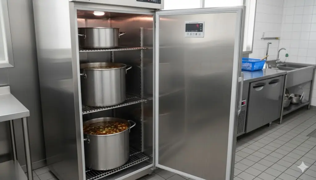 냉면 전문점 주방에 맞춤 제작으로 설치된 올 스테인리스 육수냉장고