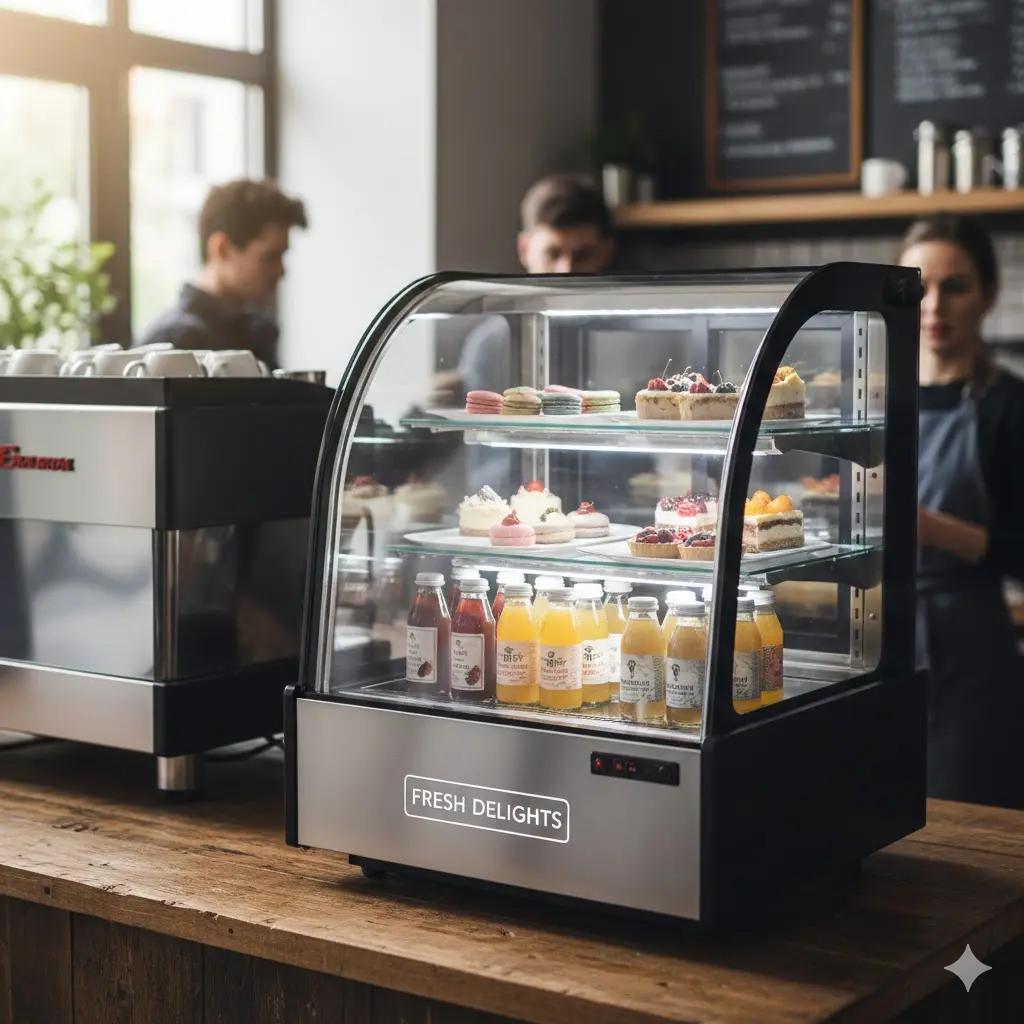 협소 매장 인테리어의 포인트가 되는 맞춤형 소형 쇼케이스 냉장고와 내부 진열 상품