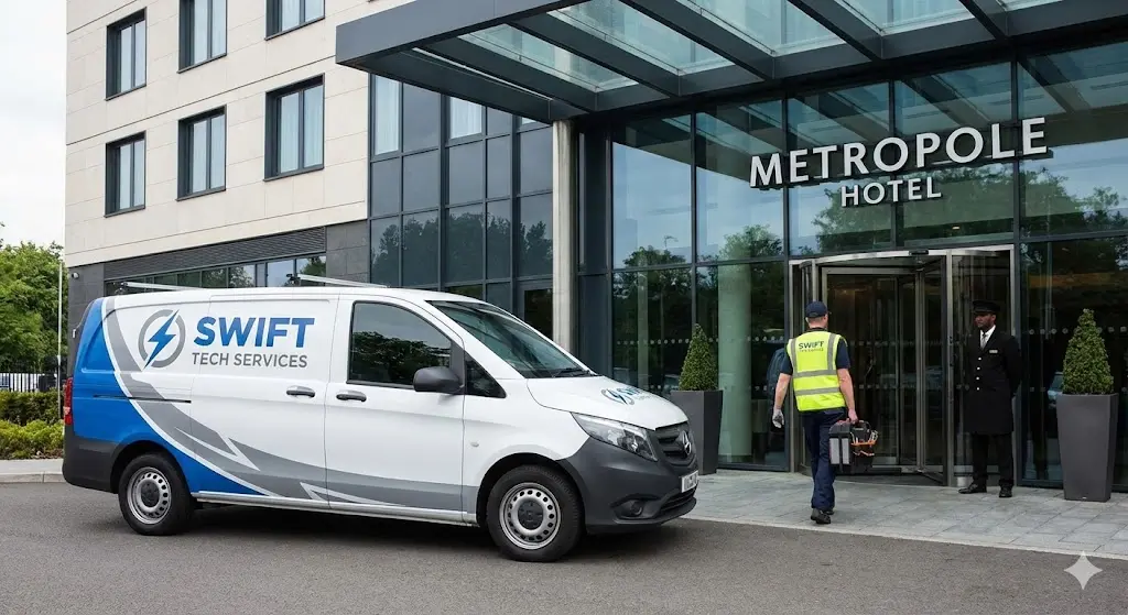 호텔에 도착한 한성쇼케이스의 전문 서비스 차량과 기술자