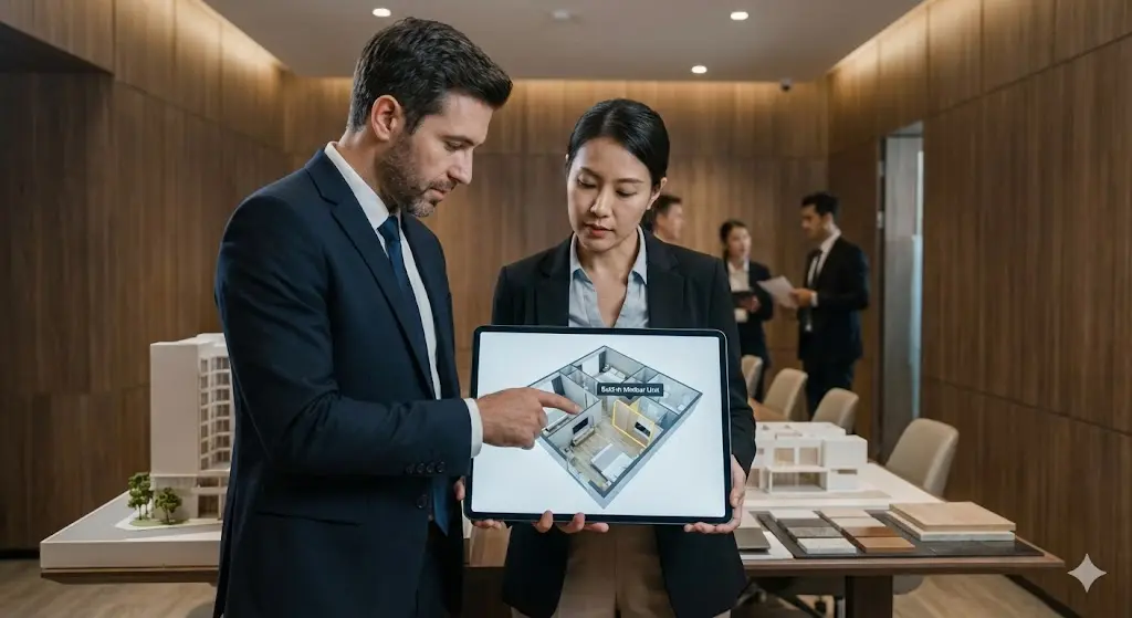 호텔냉장고 설치와 설계를 위해 상담 중인 전문가와 운영자