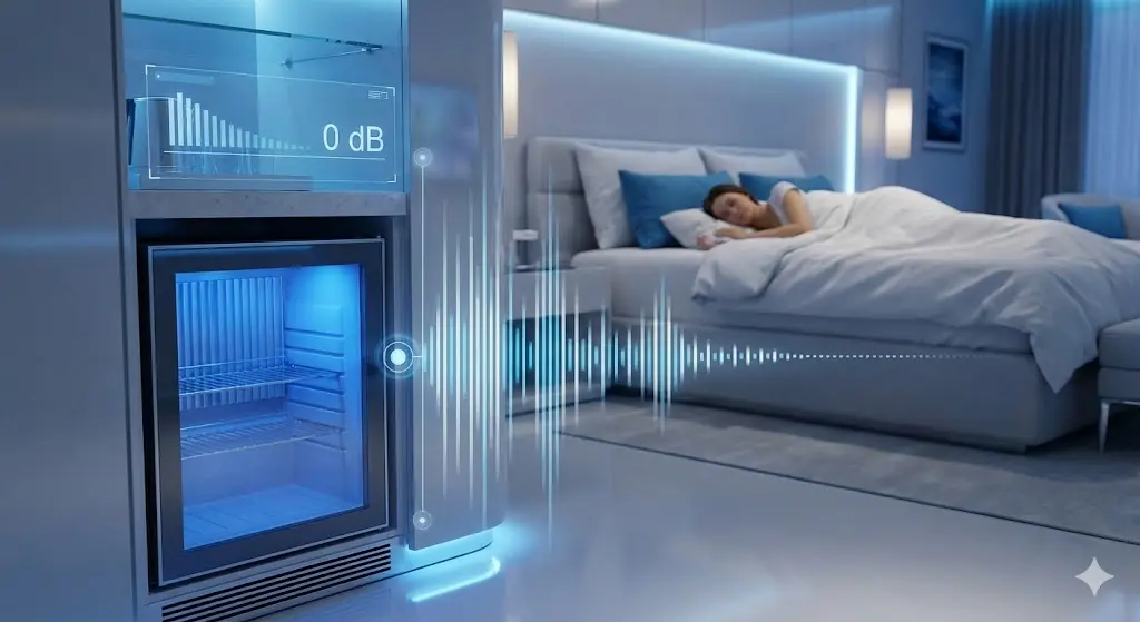 무소음 시스템이 적용된 호텔냉장고와 평온하게 잠든 고객의 모습