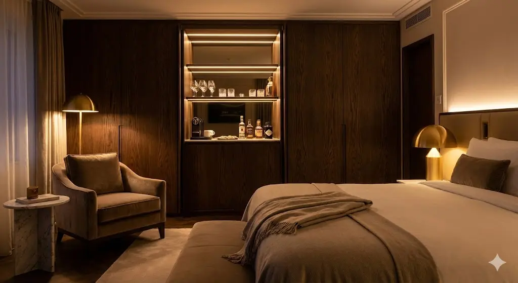 고급 목재 가구 속에 매립된 하이엔드 호텔냉장고 인테리어