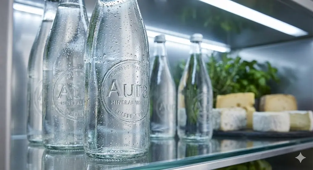 냉장고 내부의 시원한 음료와 고급스러운 LED 조명 디테일