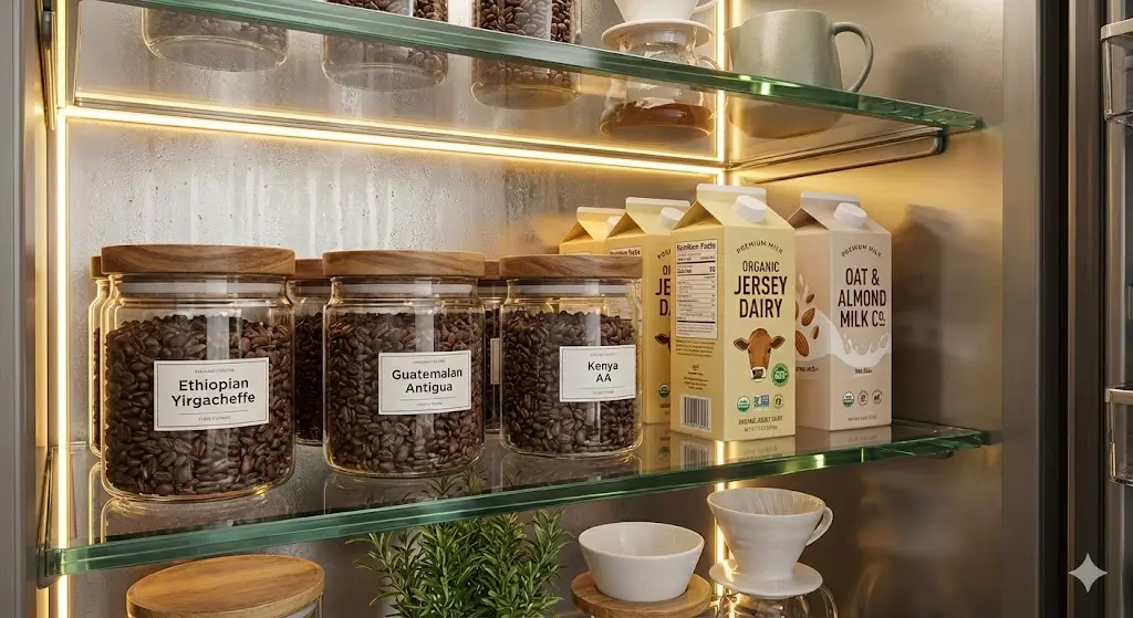 신선한 식재료와 원두가 보관된 커피냉장고 내부의 세련된 모습